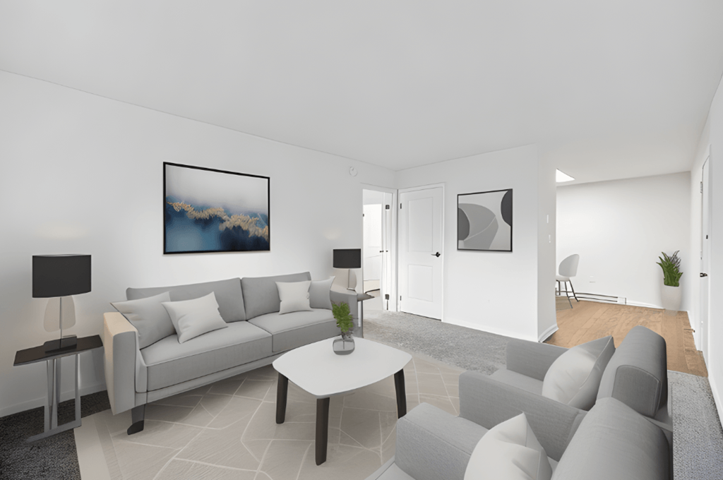 a living room with a couch and a table