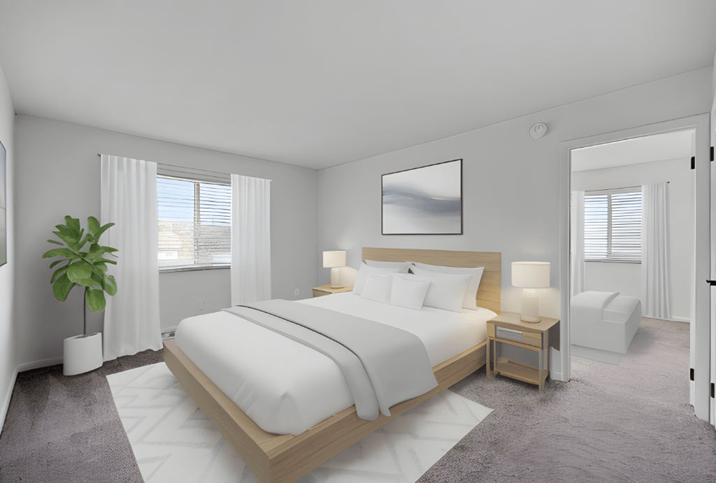 3d rendering of a bedroom with a bed