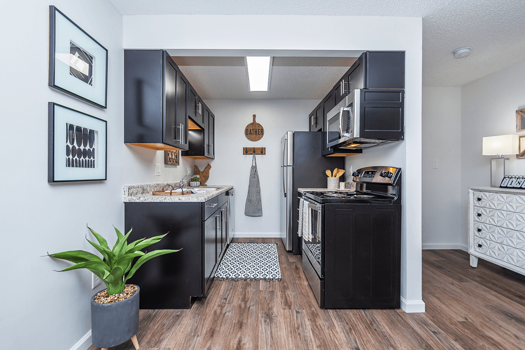 a kitchen with black cabinets and a stove and a refrigerator at Weaver Farm, Florence, 41042