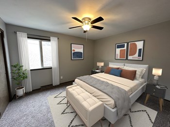 a bedroom with a ceiling fan and a large window - Photo Gallery 12