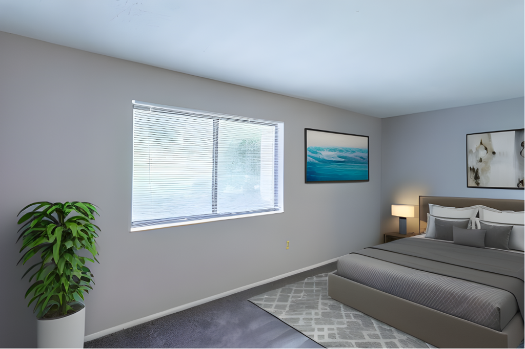 Bedroom with a bed and a large window and a potted plant at Crossings of Kenton, Kentucky, 41018