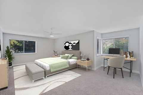an image of a bedroom with a bed and a desk with a chair at Indian Creek Apartments*, Cincinnati, OH