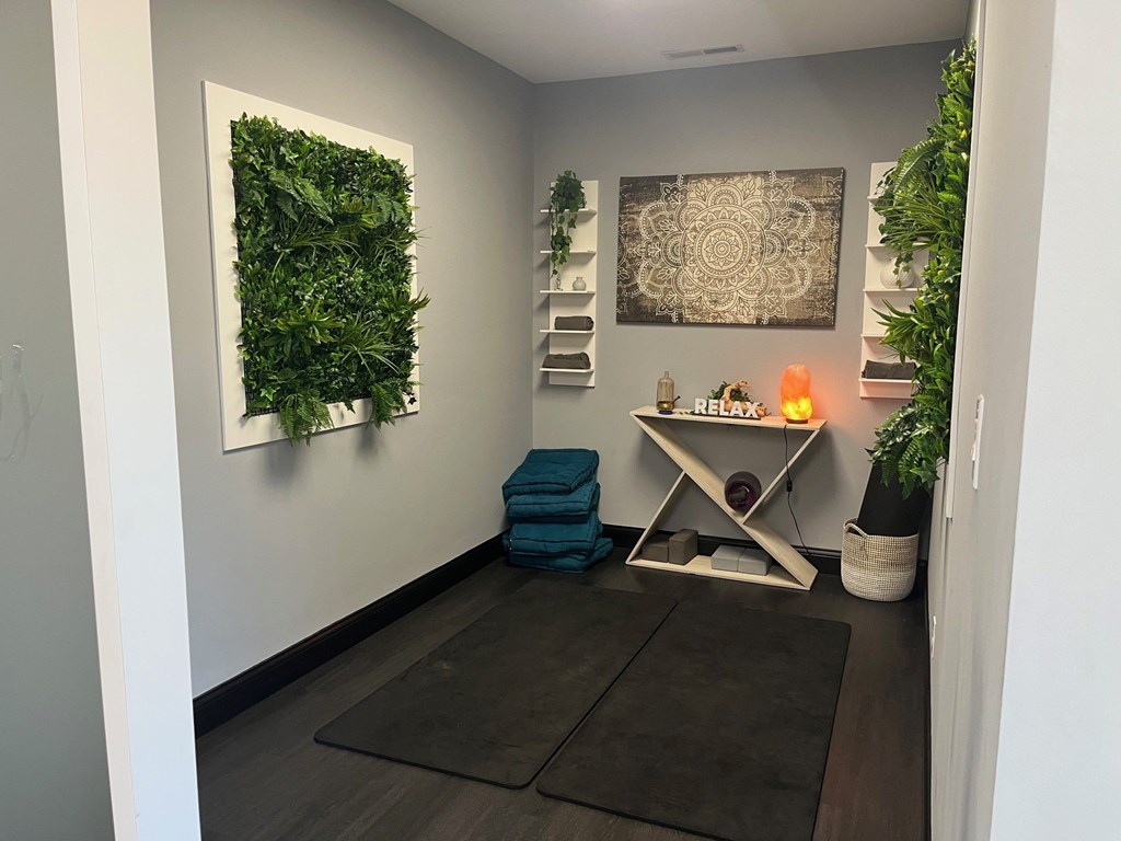A room with a green plant on the wall and a rug on the floor.