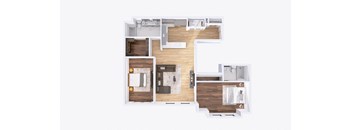 A top-down view of a modern apartment layout with a kitchen, living room, and two bedrooms.