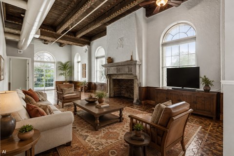 A living room with a fireplace and a couch.