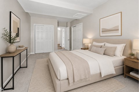 Bedroom with neutral tones and contemporary decor at The Landing Apartments, Dayton, 45402