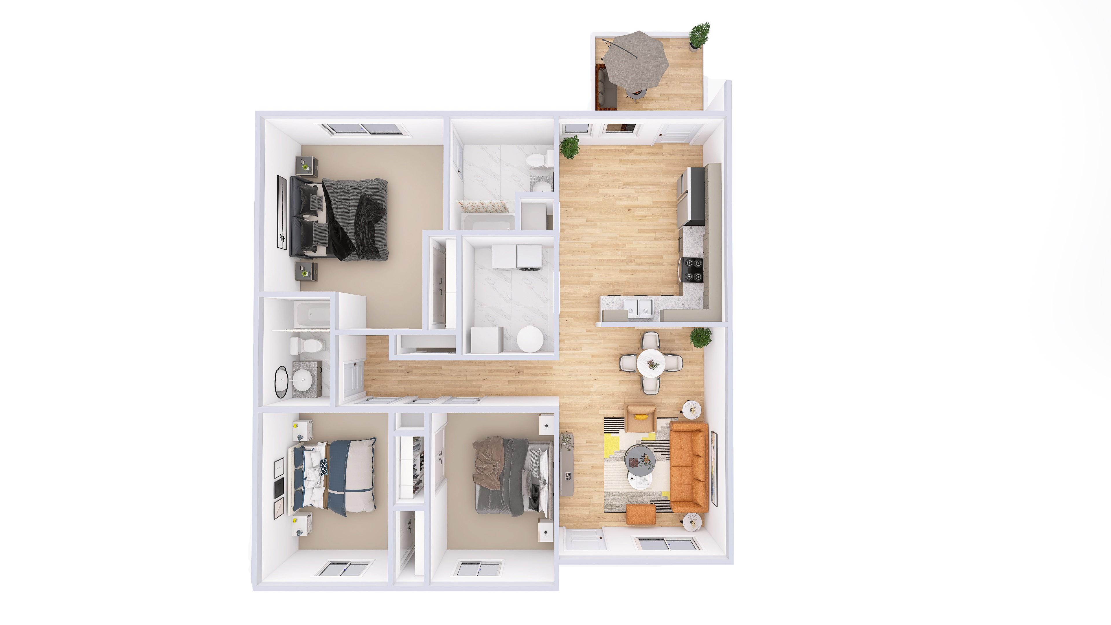 A floor plan of a house with a kitchen, living room, and two bedrooms.