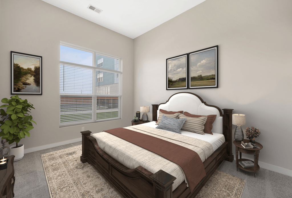 a bedroom with a bed and two windows