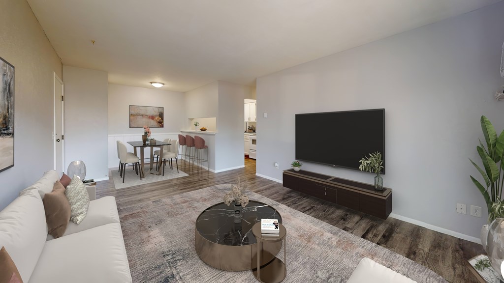 A living room with a white couch and a black television.