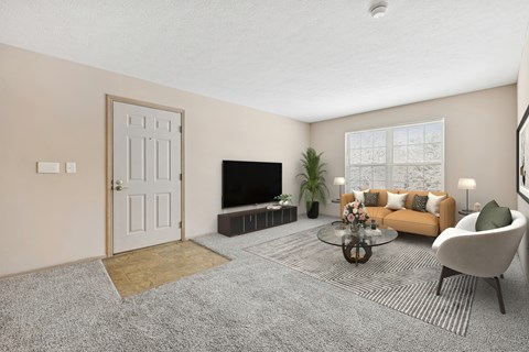 A living room with a grey carpet and a white door.