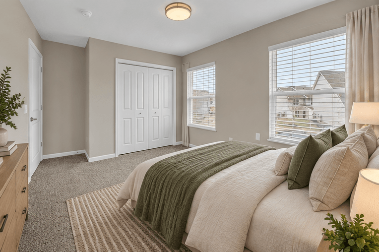 A bedroom with a large bed and a window with blinds.