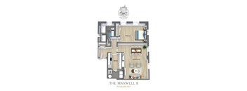 A floor plan of a 750 square feet apartment with a living room, dining room, kitchen, and two bedrooms.