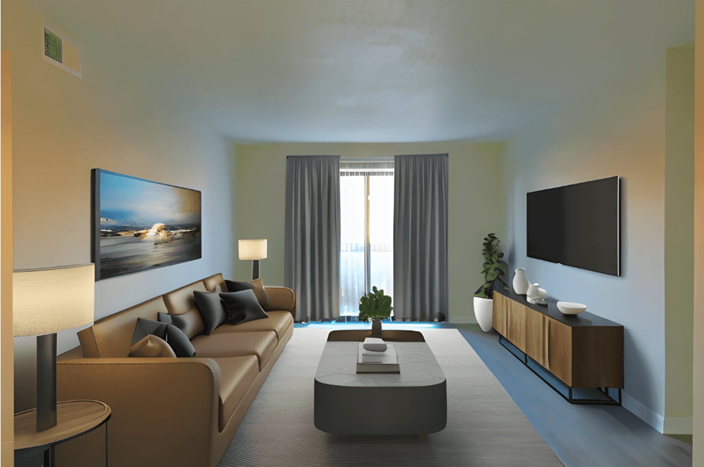 a living room with a couch and a coffee table