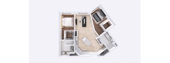 A top-down view of a house layout with a kitchen, living room, and bedrooms.