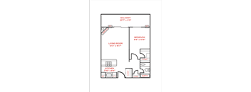 A floor plan of a home with a living room, kitchen, bathroom, and bedroom.