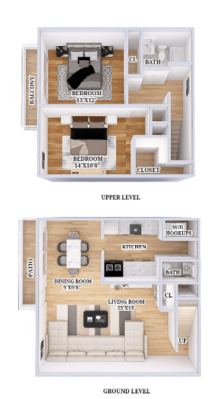 a comparison of a ground level and upper level floor plan of a house