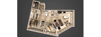 a 3d floor plan of a hotel room