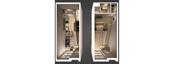 a cutaway view of a bedroom and a living room