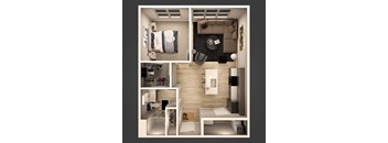 a 3d rendering of a bedroom and living room