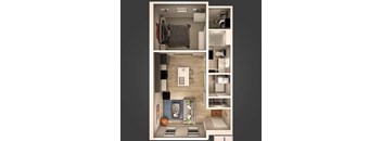 a 3d rendering of a bedroom and living room with a wood floor