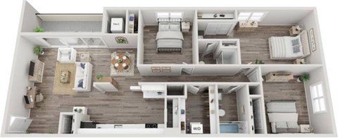 The Buckingham Three Bedroom Two Bathroom Floorplan at Fountain Parc Apartments, Indianapolis