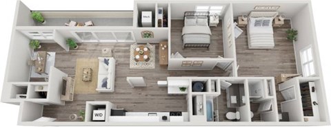 The Crown Two Bedroom Two Bathroom Floorplan at Fountain Parc Apartments, Indianapolis, 46220