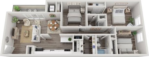 The Lotte Three Bedroom Two Bathroom Floorplan at Fountain Parc Apartments, Indianapolis, Indiana
