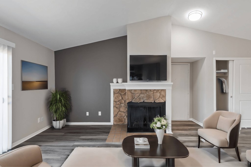 A living room with a fireplace and a television.