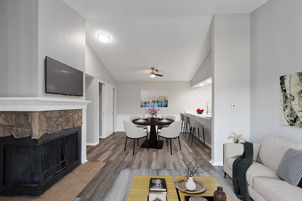 A modern living room with a fireplace and a television.