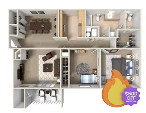 A 3D floor plan of an apartment with a kitchen, living room, and bathroom.