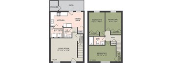 A floor plan of a two-story home with a living room, kitchen, dining area, and three bedrooms.