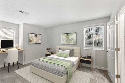 Bright bedroom with desk and floating nightstands at Wrights Point* Apartments, Ft Wright, 41011