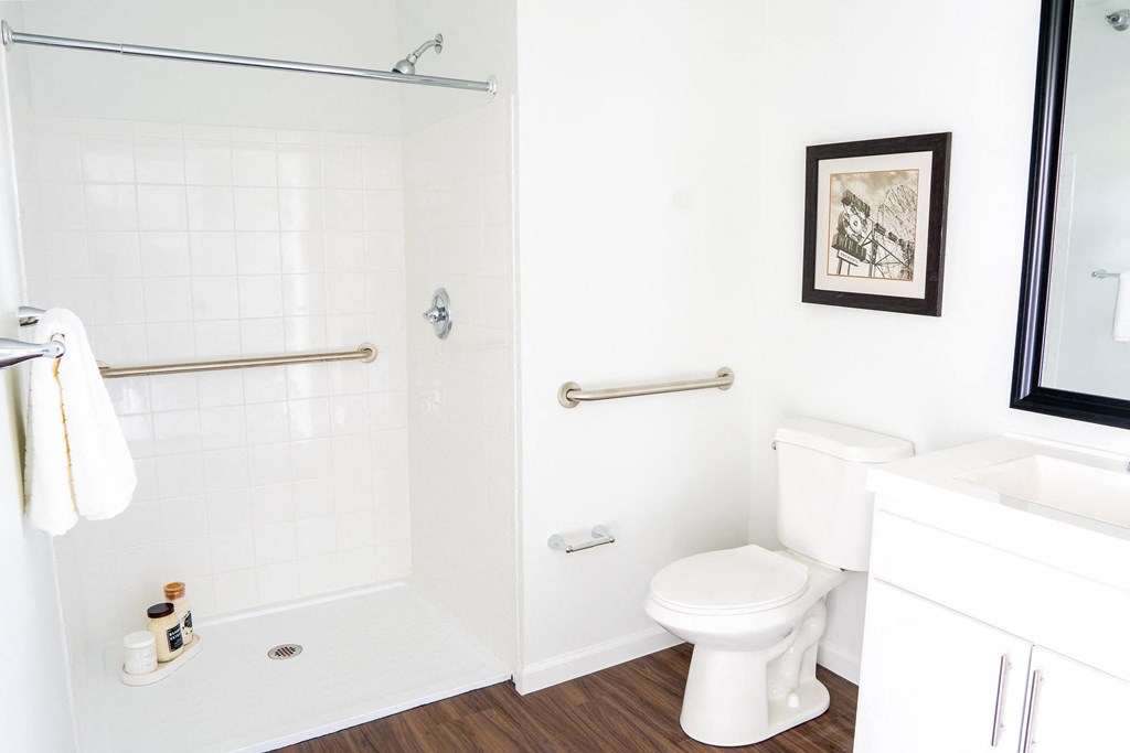 a bathroom with a toilet and a shower