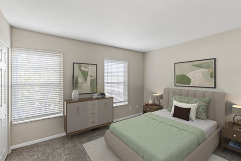 a bedroom with a bed and two windows at Merrick Place, Kentucky