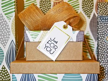 Gift box with a tag that says just joy at Indian Lookout, West Carrollton, 45449