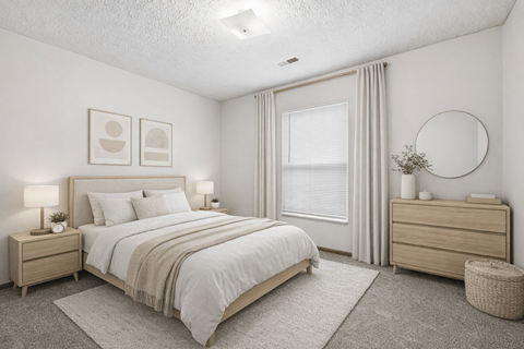 A bedroom with a large bed, nightstands, and a round mirror on the wall.