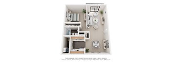A 3D floor plan of a small apartment with a kitchen, living room, and bedroom.