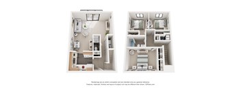 Two images of a small apartment with a kitchen, living room, and bedroom.
