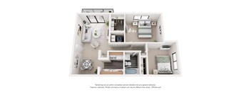 A white 3D floor plan of a small apartment with a kitchen, living room, and bedroom.