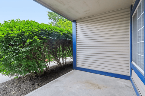 A blue and white building with a closed door and a green bush in front.