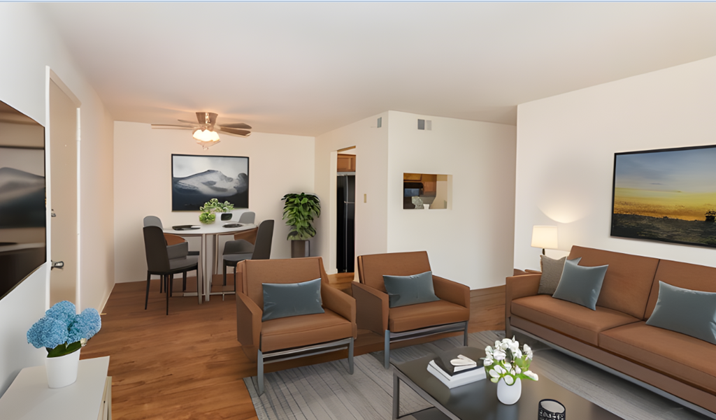 a rendering of a living room and dining room with a table and chairs