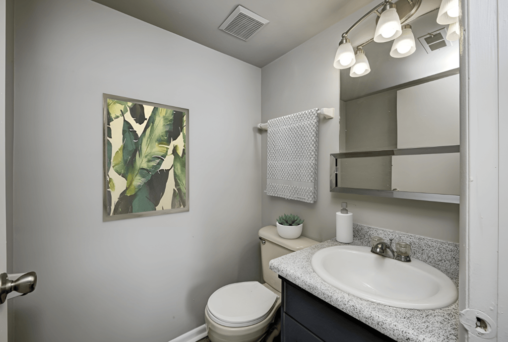 a bathroom with a sink and a toilet and a mirror at Quail Run Apartments, Columbus, IN