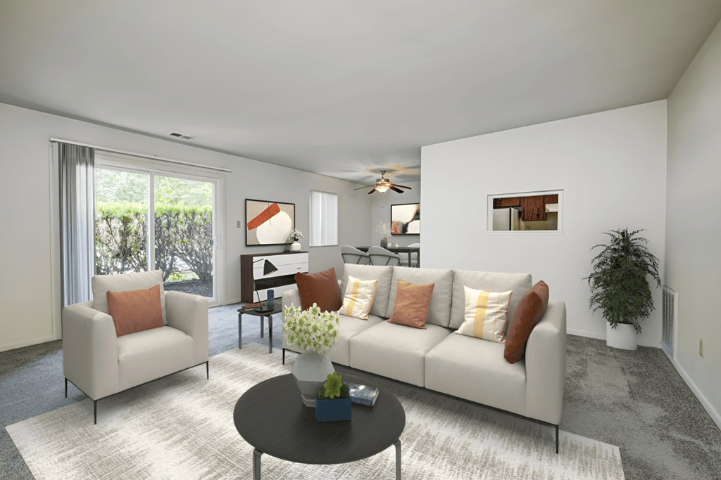 a living room with a couch and a coffee table