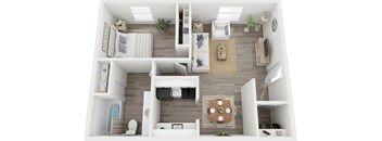 A top-down view of a modern, white-walled apartment with a kitchen, living room, and bedroom.