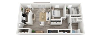 A top-down view of a modern, well-organized apartment with a kitchen, living room, and bedrooms.