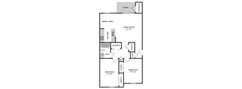A floor plan of a home with a living room, two bedrooms, a bath, a laundry room, a kitchen, a dining area and a patio.