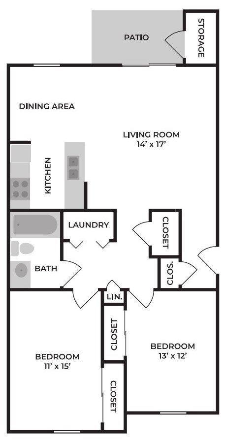 A floor plan of a home with a living room, two bedrooms, a bath, a laundry room, a kitchen, a dining area and a patio.