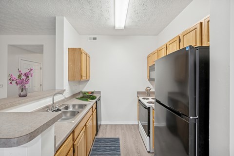 A kitchen with a black refrigerator and wooden cabinets.