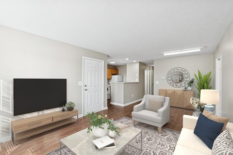 A living room with a flat screen at Waterfront Pointe, Indianapolis, 46214 TV