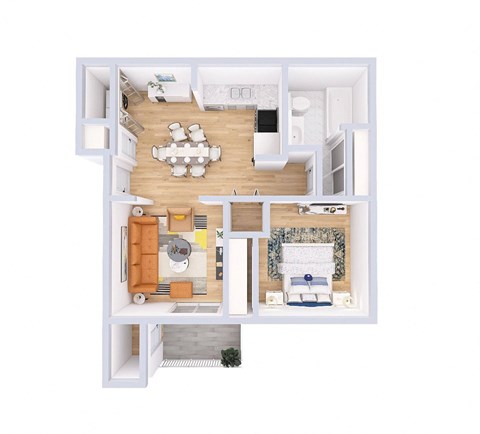 a stylized floor plan of a house with a bedroom and a living room